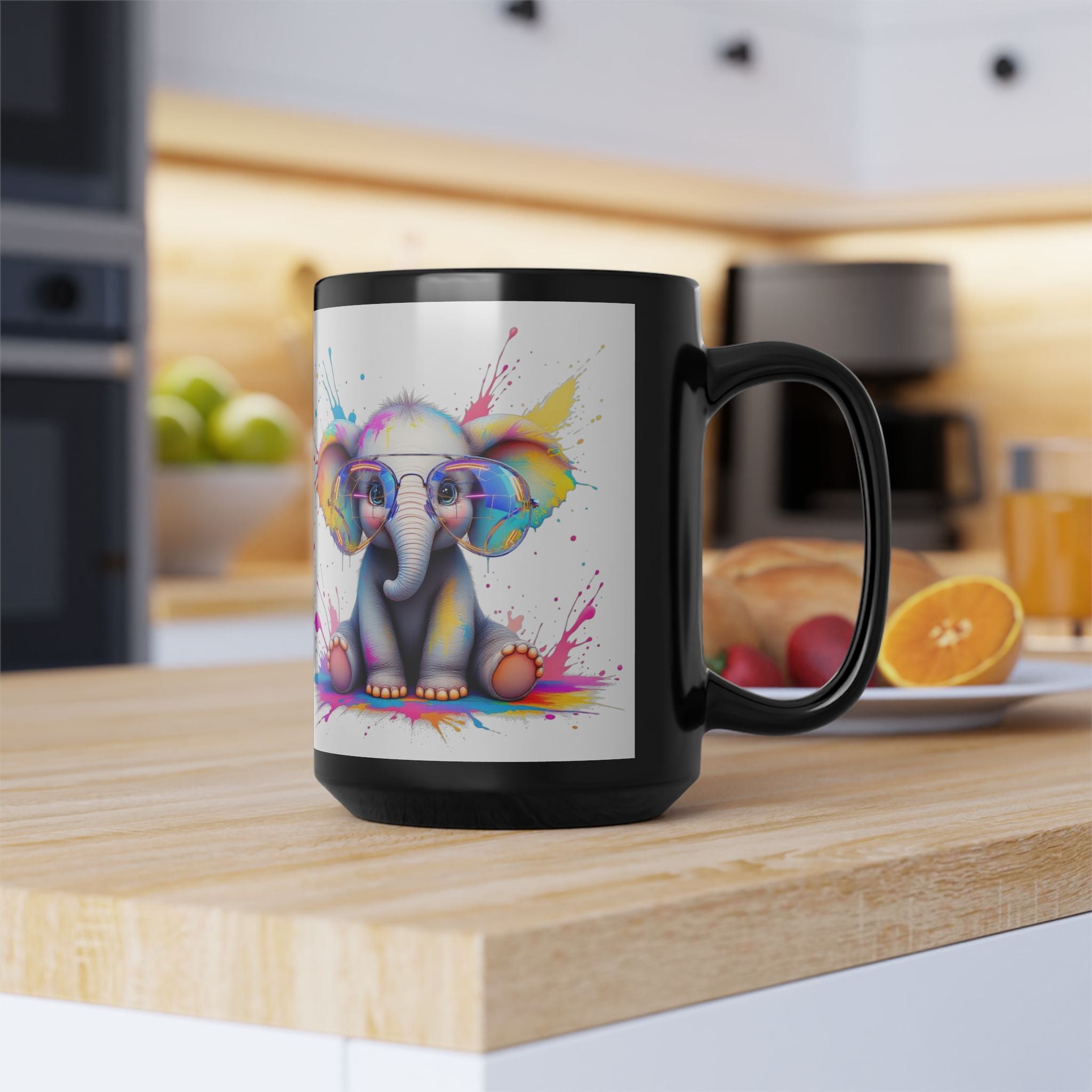 Colorful Elephant Illustration Black Mug - 15oz Artistic Coffee Cup