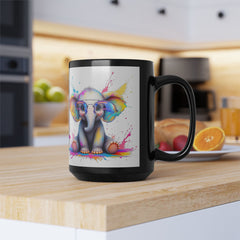 Colorful Elephant Illustration Black Mug - 15oz Artistic Coffee Cup