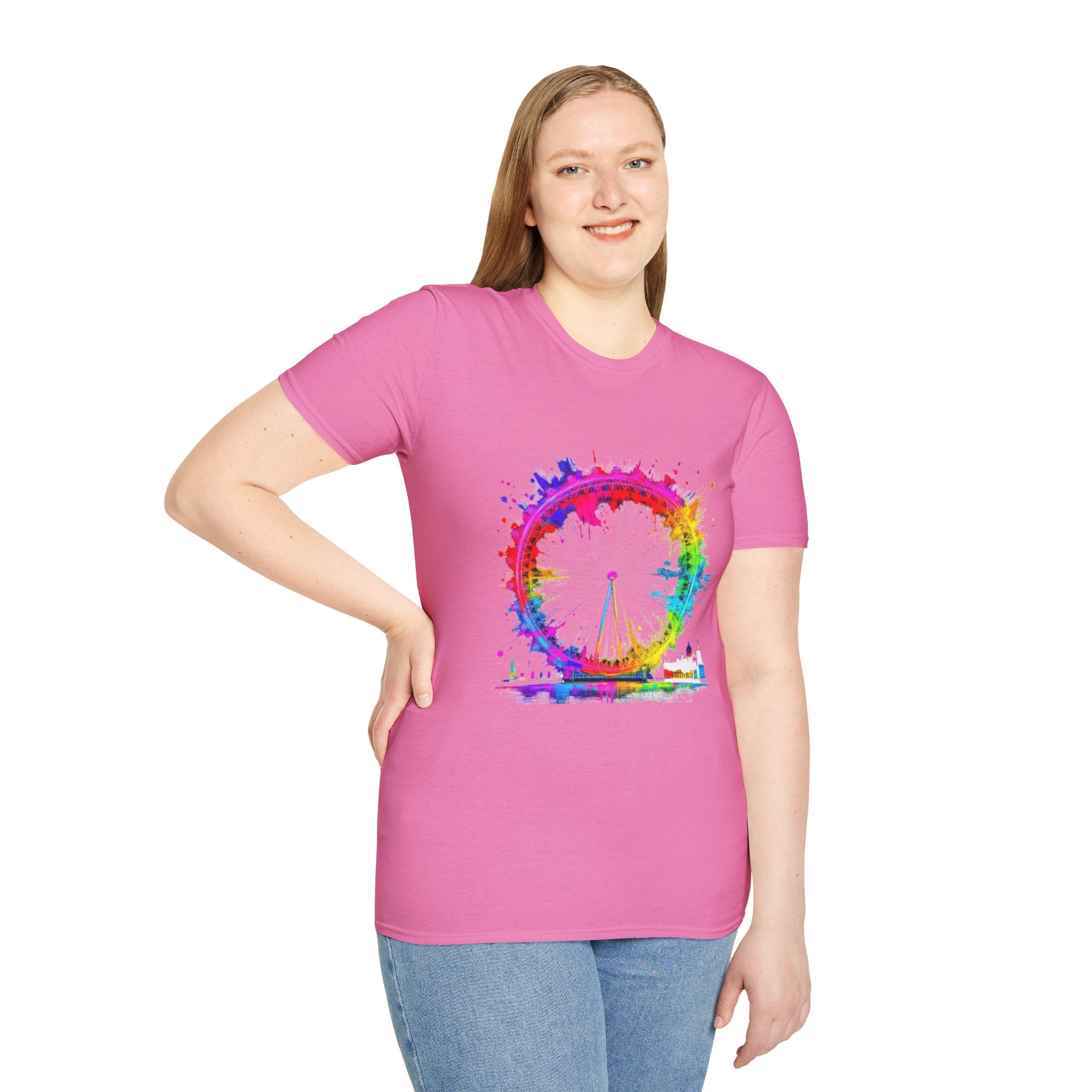 Colorful Watercolor London Eye Unisex Softstyle T-Shirt, Casual Tee, Graphic Shirt, Gift for Travel Lovers, Birthday Gift, Rainbow Art Shirt