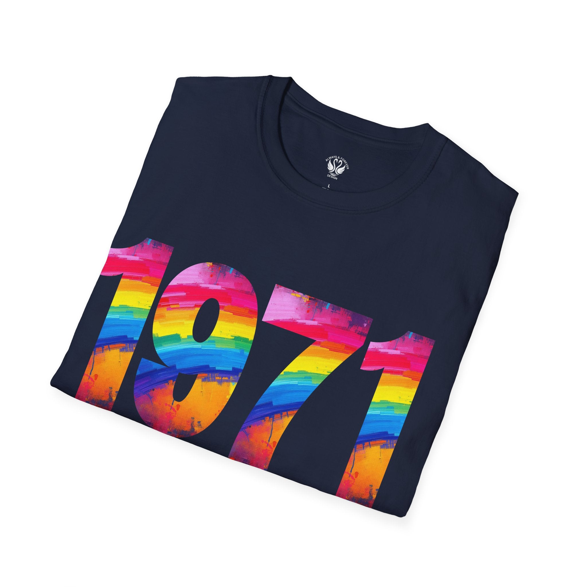 Rainbow Retro 1971 Unisex Softstyle T-Shirt | Colorful Vintage Tee for Pride, Birthdays, Casual Wear, and Everyday Style
