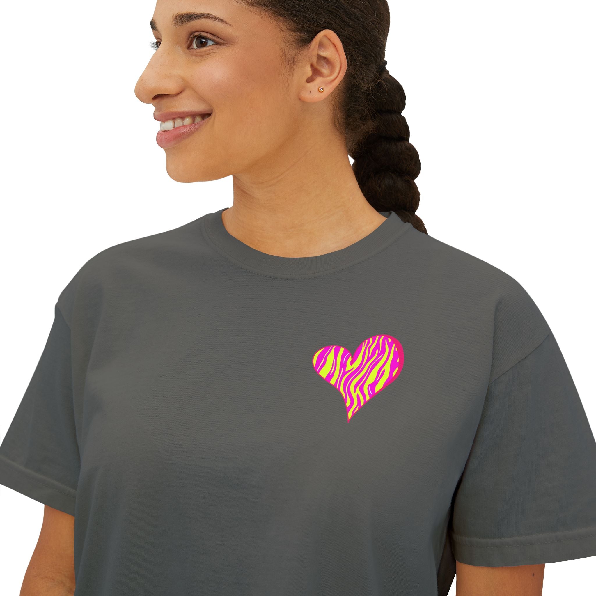 Women's Boxy Tee with Vibrant Heart and Pattern - Casual Summer Top, Gift for Her, Trendy Tee, Everyday Wear, Heart Print Shirt
