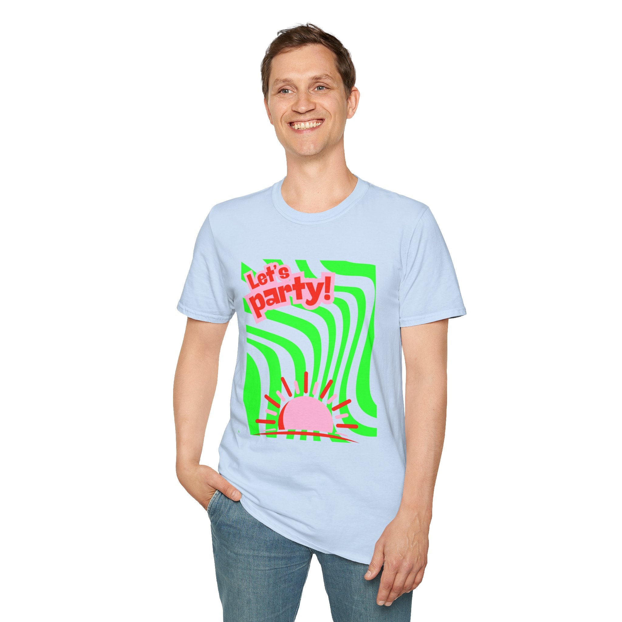 Let's Party Unisex Softstyle T-Shirt, Vibrant Summer Tee, Fun Graphic Shirt, Casual Wear, Birthday Gift, Festival Fashion