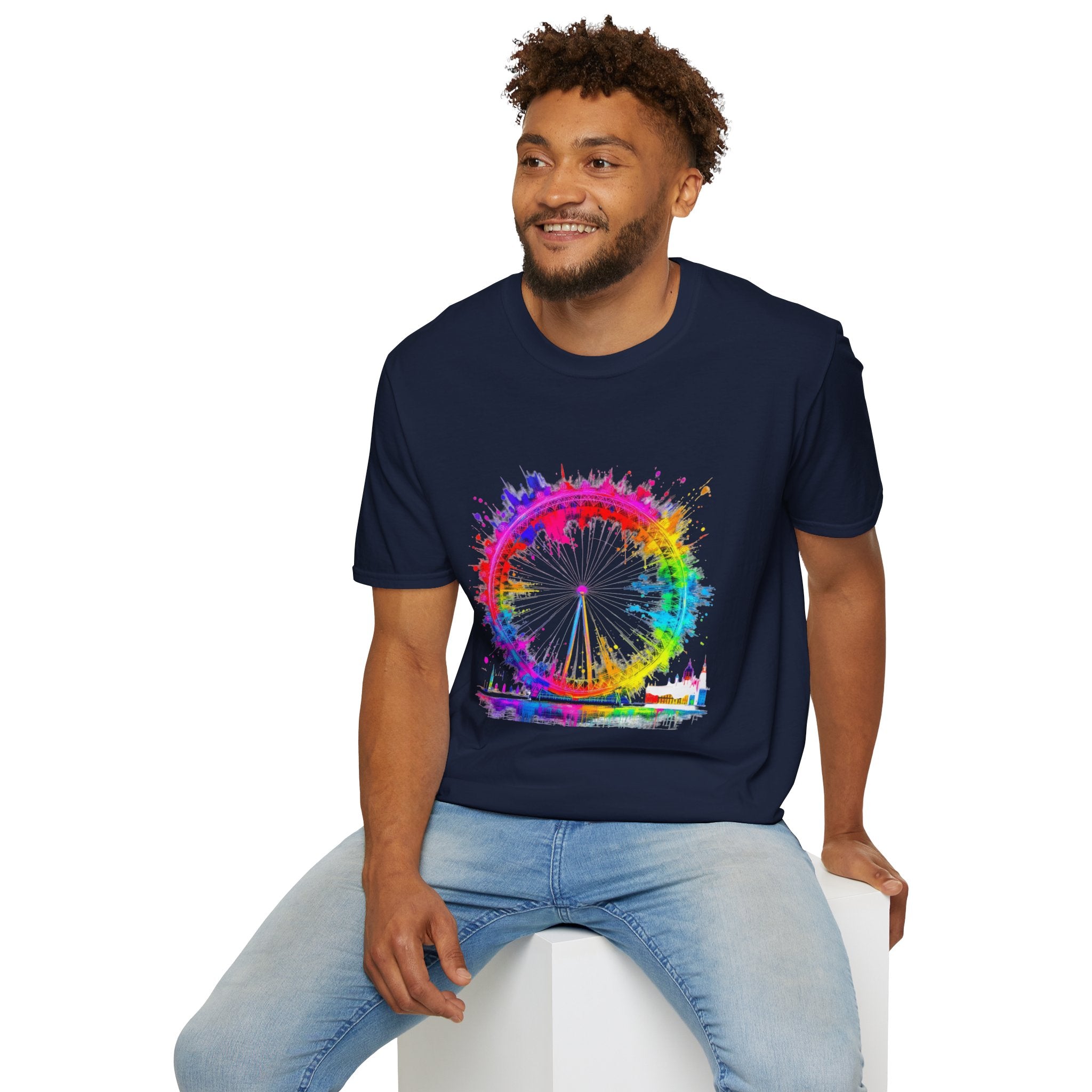 Colorful Watercolor London Eye Unisex Softstyle T-Shirt, Casual Tee, Graphic Shirt, Gift for Travel Lovers, Birthday Gift, Rainbow Art Shirt