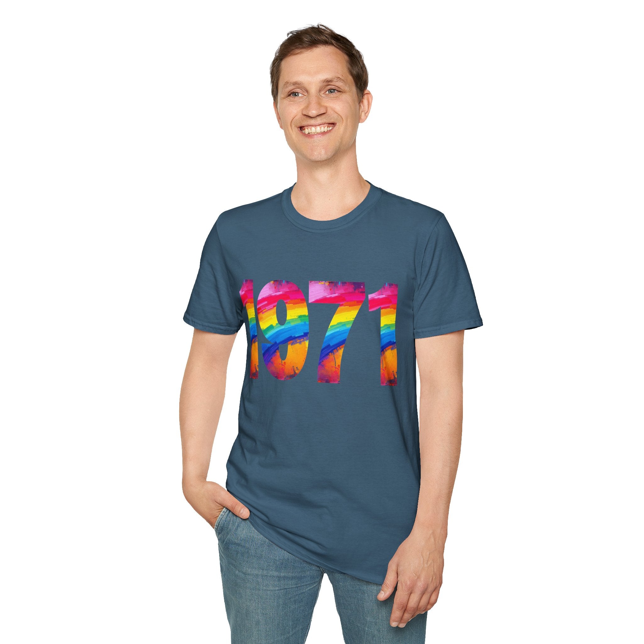 Rainbow Retro 1971 Unisex Softstyle T-Shirt | Colorful Vintage Tee for Pride, Birthdays, Casual Wear, and Everyday Style