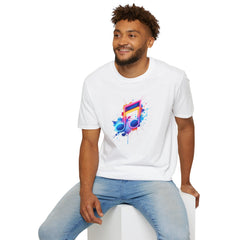 Musical Splash Unisex Softstyle T-Shirt | Gift for Music Lovers, Vibrant Art Tee, Trendy Music Shirt, Birthday Gift, Concert Wear