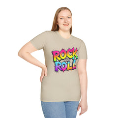 Colorful Rock & Roll Unisex Softstyle T-Shirt, Retro Tee, Music Lover Gift, Festival Wear, Rock Concert Apparel, Unisex Graphic Tee