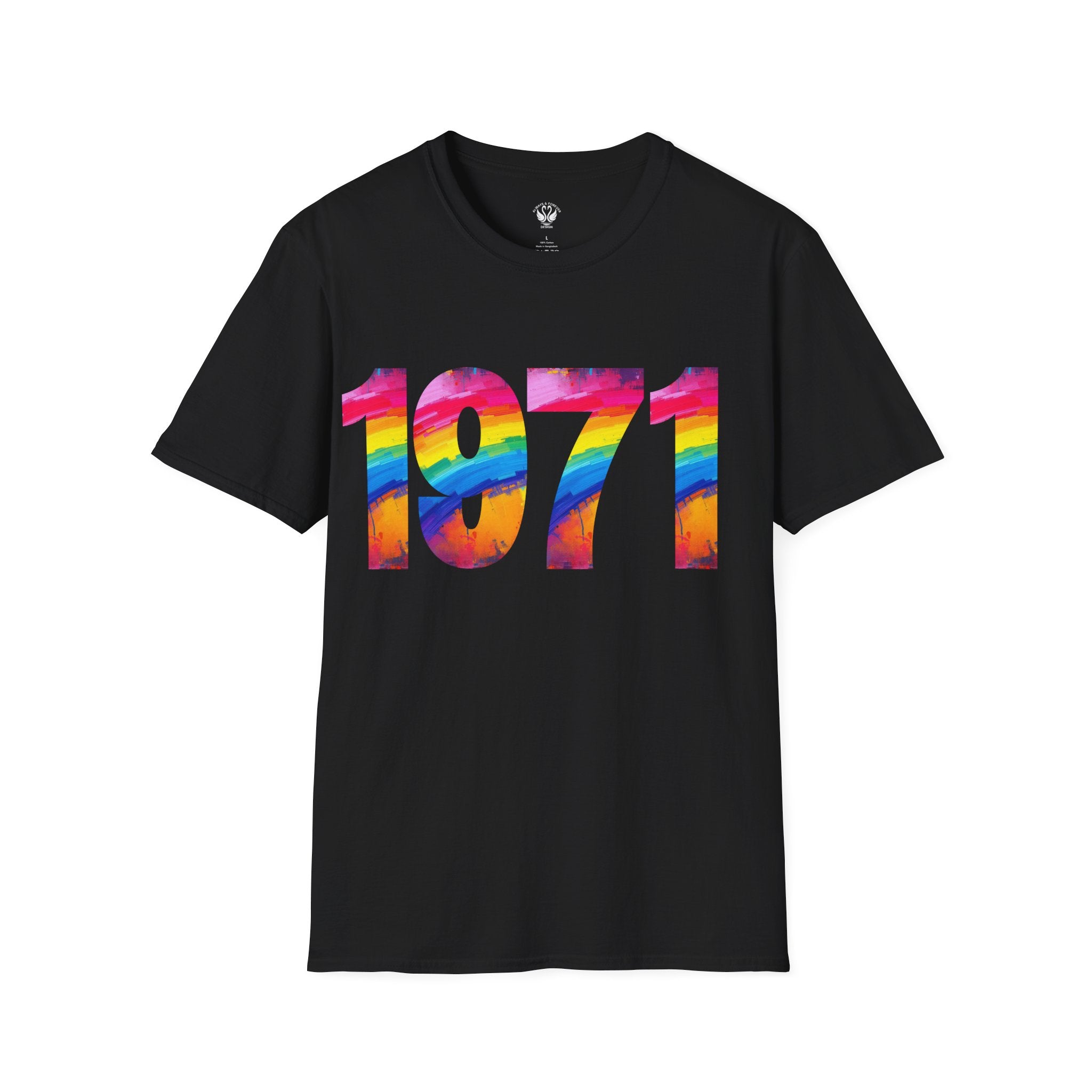 Rainbow Retro 1971 Unisex Softstyle T-Shirt | Colorful Vintage Tee for Pride, Birthdays, Casual Wear, and Everyday Style
