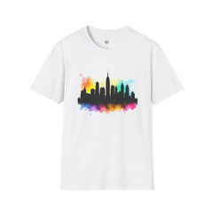 Colorful Skyline Unisex Softstyle T-Shirt | Urban Vibe Shirt | Gift for City Lovers | Summer Fashion | Streetwear