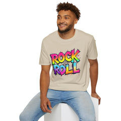 Colorful Rock & Roll Unisex Softstyle T-Shirt, Retro Tee, Music Lover Gift, Festival Wear, Rock Concert Apparel, Unisex Graphic Tee