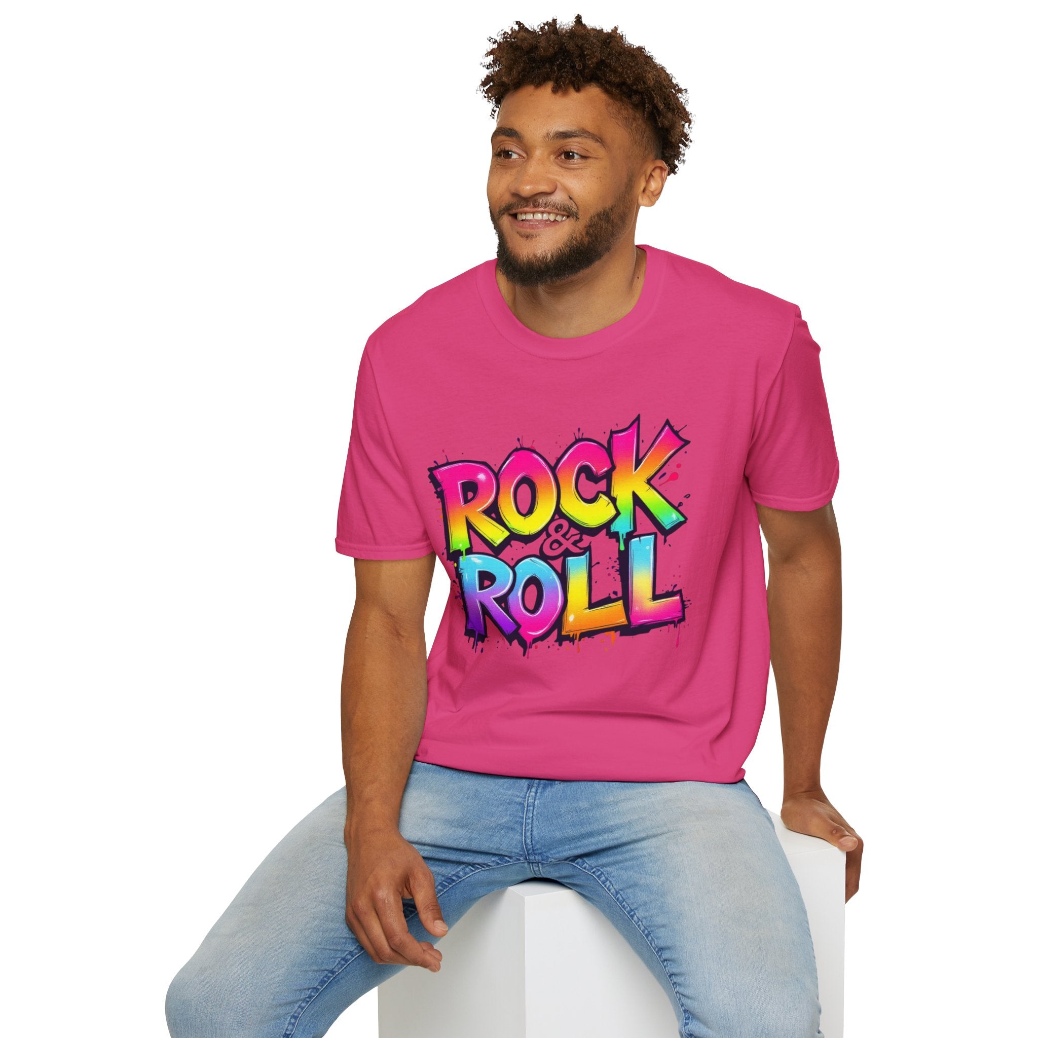 Colorful Rock & Roll Unisex Softstyle T-Shirt, Retro Tee, Music Lover Gift, Festival Wear, Rock Concert Apparel, Unisex Graphic Tee