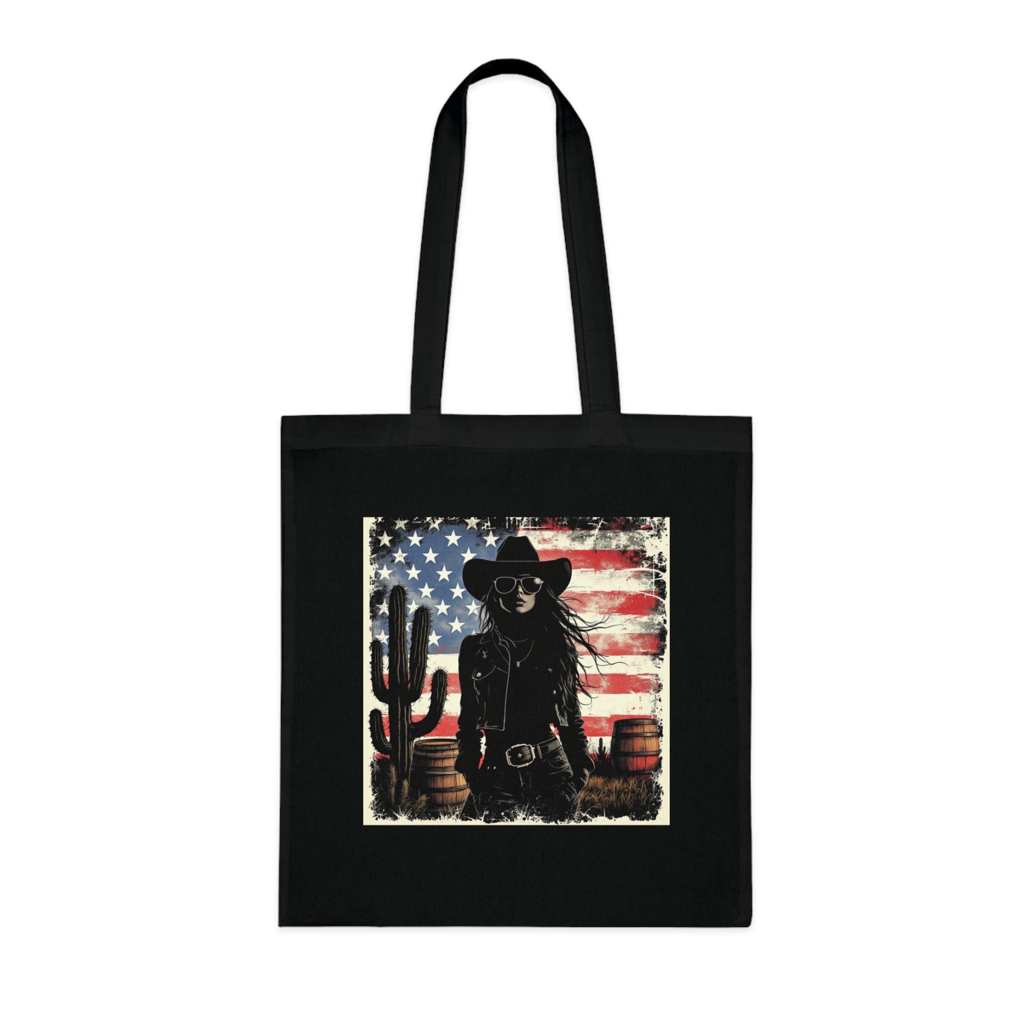Western Cowboy Cotton Tote Bag, Bohemian Style Tote, USA Flag Design, Festival Accessory, Eco-Friendly Shopper