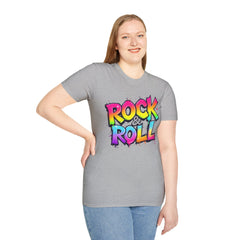 Colorful Rock & Roll Unisex Softstyle T-Shirt, Retro Tee, Music Lover Gift, Festival Wear, Rock Concert Apparel, Unisex Graphic Tee