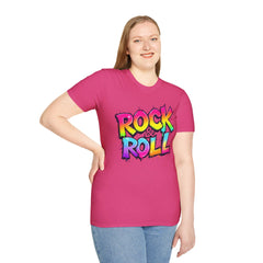 Colorful Rock & Roll Unisex Softstyle T-Shirt, Retro Tee, Music Lover Gift, Festival Wear, Rock Concert Apparel, Unisex Graphic Tee