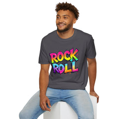 Colorful Rock & Roll Unisex Softstyle T-Shirt, Retro Tee, Music Lover Gift, Festival Wear, Rock Concert Apparel, Unisex Graphic Tee