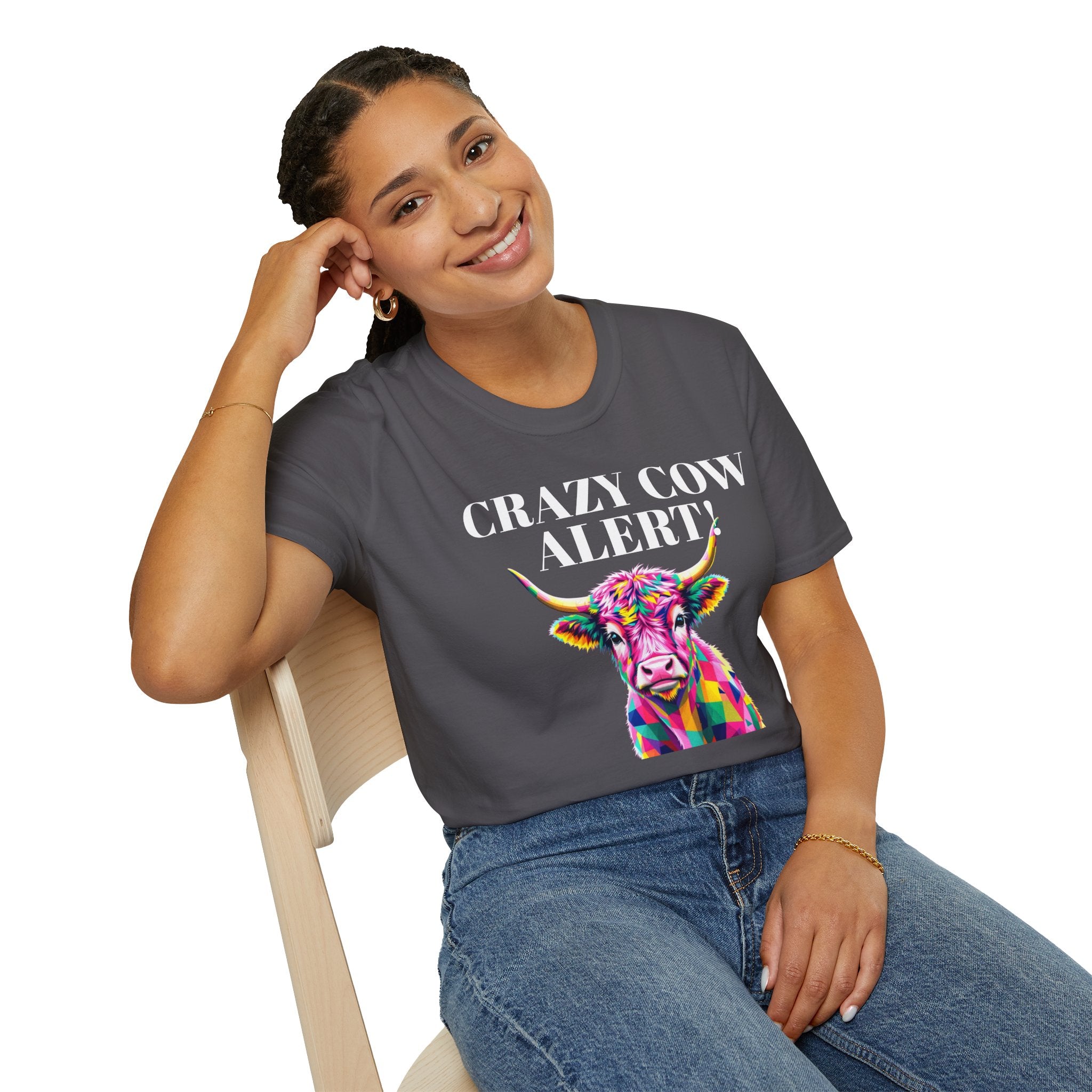 Colorful Cow Alert T-Shirt, Funny Cow Tee, Animal Lover Gift, Quirky Casual Wear, Farm Animal Shirt, Unique Graphic Tee