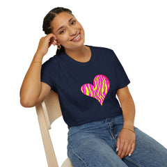 Pink Zebra Heart Unisex T-Shirt, Custom Love Shirt, Casual Wear, Gift for Her, Trendy Summer Tee