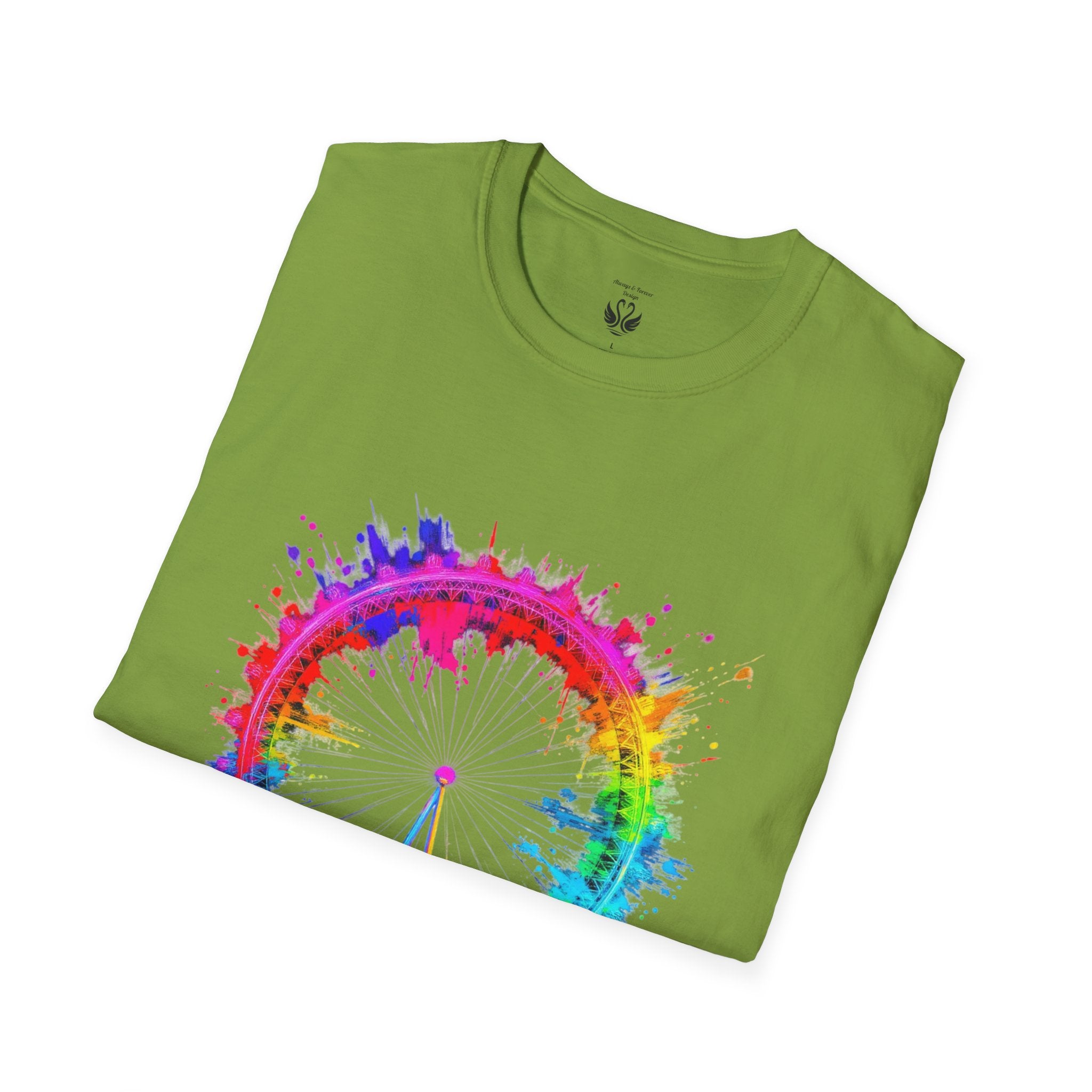 Colorful Watercolor London Eye Unisex Softstyle T-Shirt, Casual Tee, Graphic Shirt, Gift for Travel Lovers, Birthday Gift, Rainbow Art Shirt