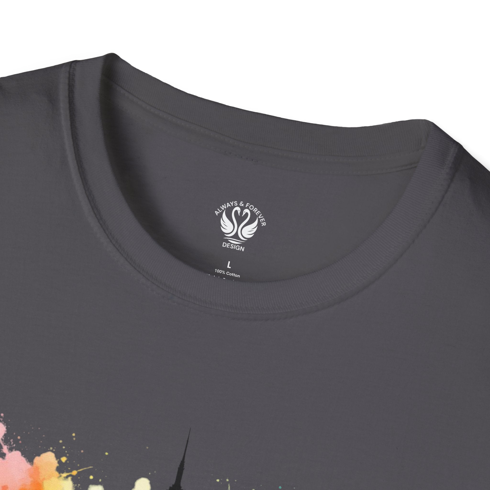 Colorful Skyline Unisex Softstyle T-Shirt | Urban Vibe Shirt | Gift for City Lovers | Summer Fashion | Streetwear