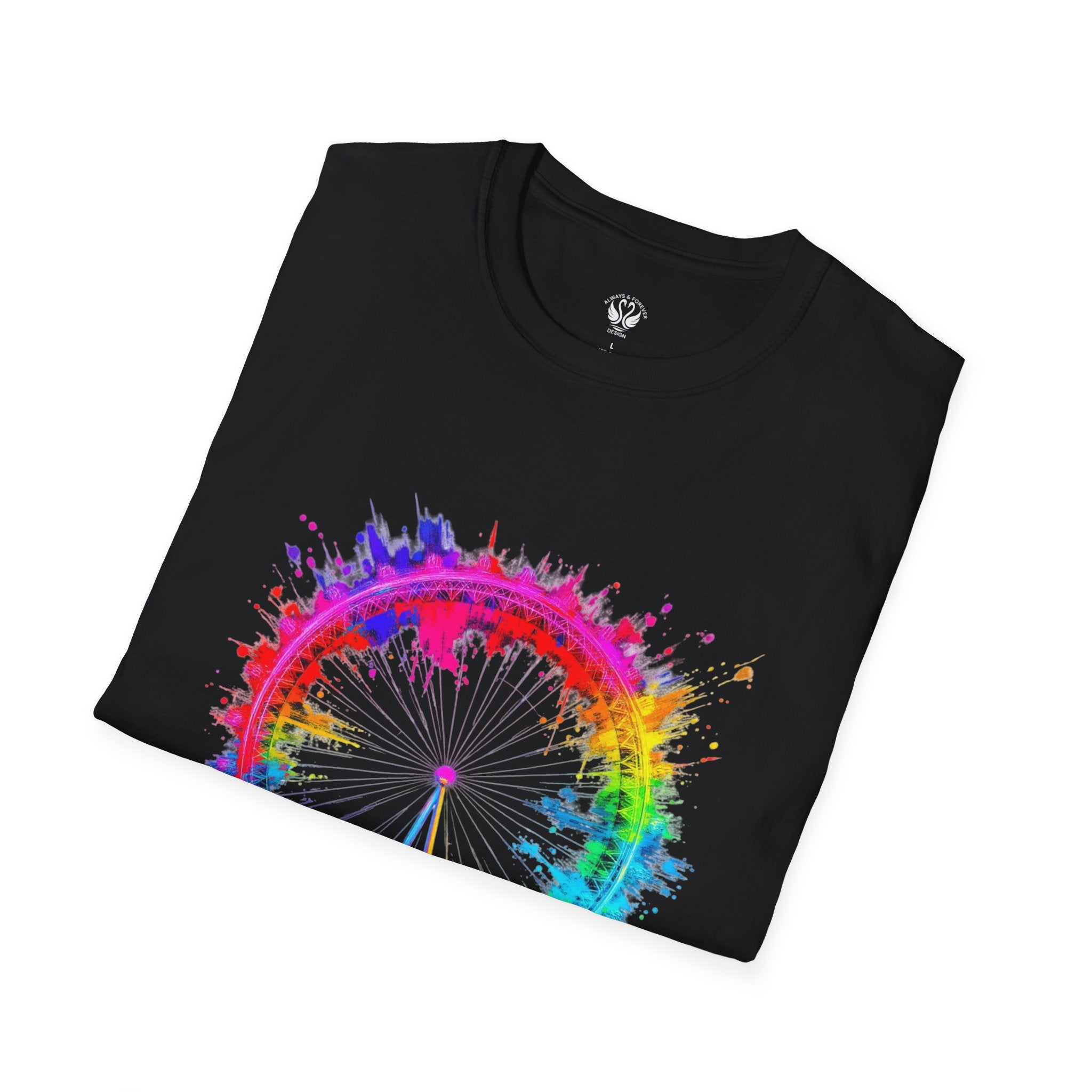 Colorful Watercolor London Eye Unisex Softstyle T-Shirt, Casual Tee, Graphic Shirt, Gift for Travel Lovers, Birthday Gift, Rainbow Art Shirt
