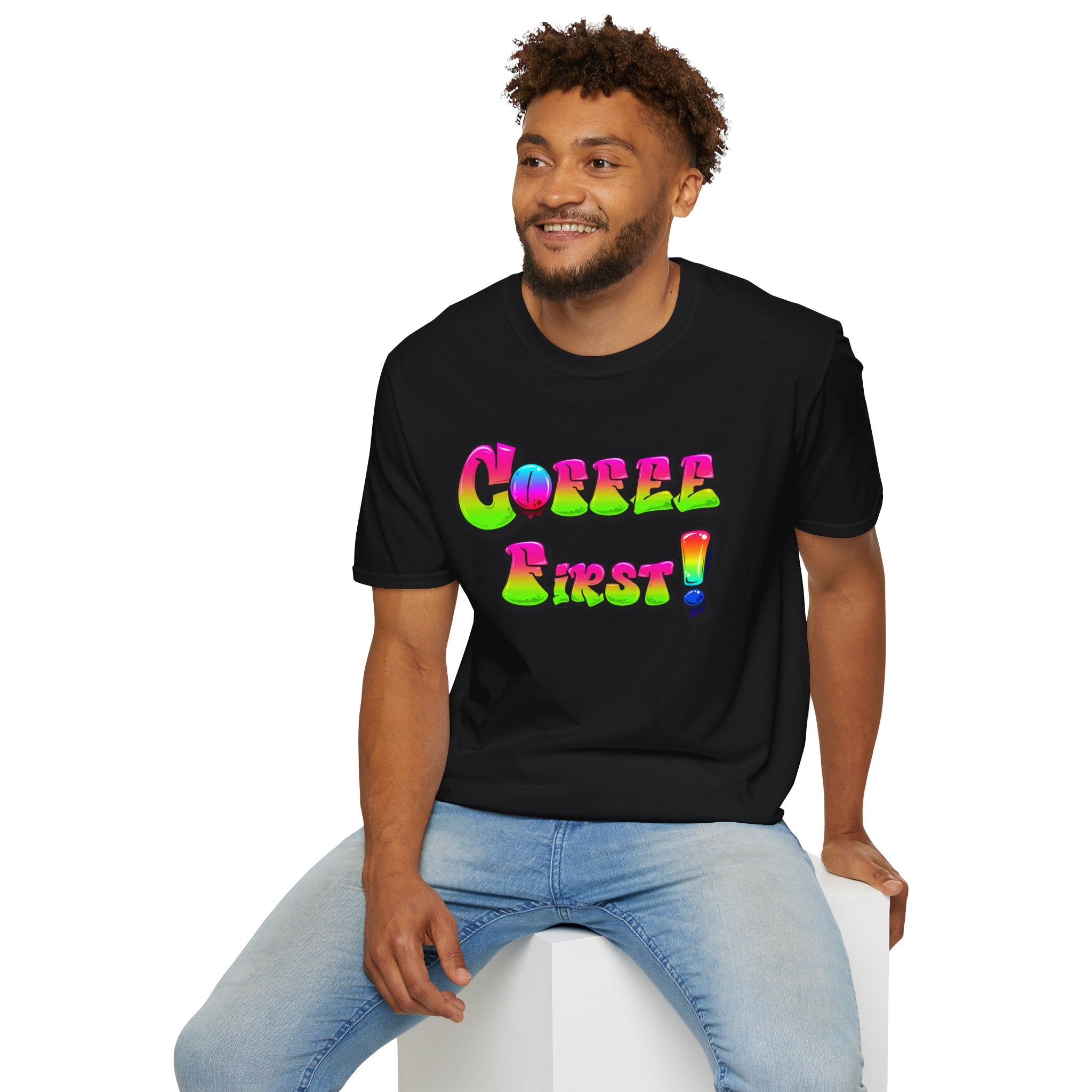 Coffee First Unisex Softstyle T-Shirt, Funny Graphic Tee, Gift for Coffee Lovers, Casual Wear, Perfect for Birthdays, Everyday Comfort