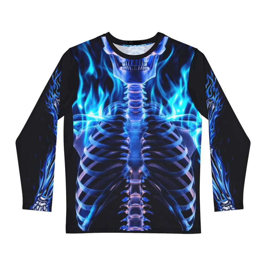 Men's Long Sleeve Graphic Tee - Cool Skeleton & Flame Design, Gothic Wear, Halloween Costume, Unisex Fashion, Unique Gift Idea