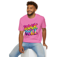 Colorful Rock & Roll Unisex Softstyle T-Shirt, Retro Tee, Music Lover Gift, Festival Wear, Rock Concert Apparel, Unisex Graphic Tee