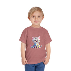Cute Cat Toddler Tee - Whimsical Graphic Short Sleeve Shirt for Kids