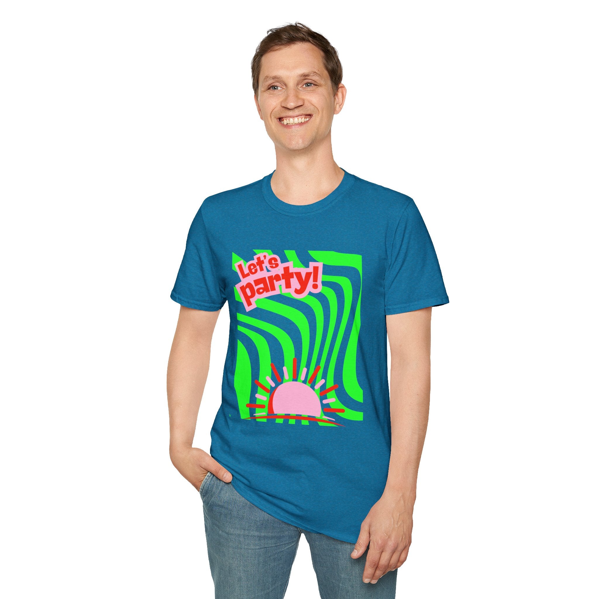 Let's Party Unisex Softstyle T-Shirt, Vibrant Summer Tee, Fun Graphic Shirt, Casual Wear, Birthday Gift, Festival Fashion
