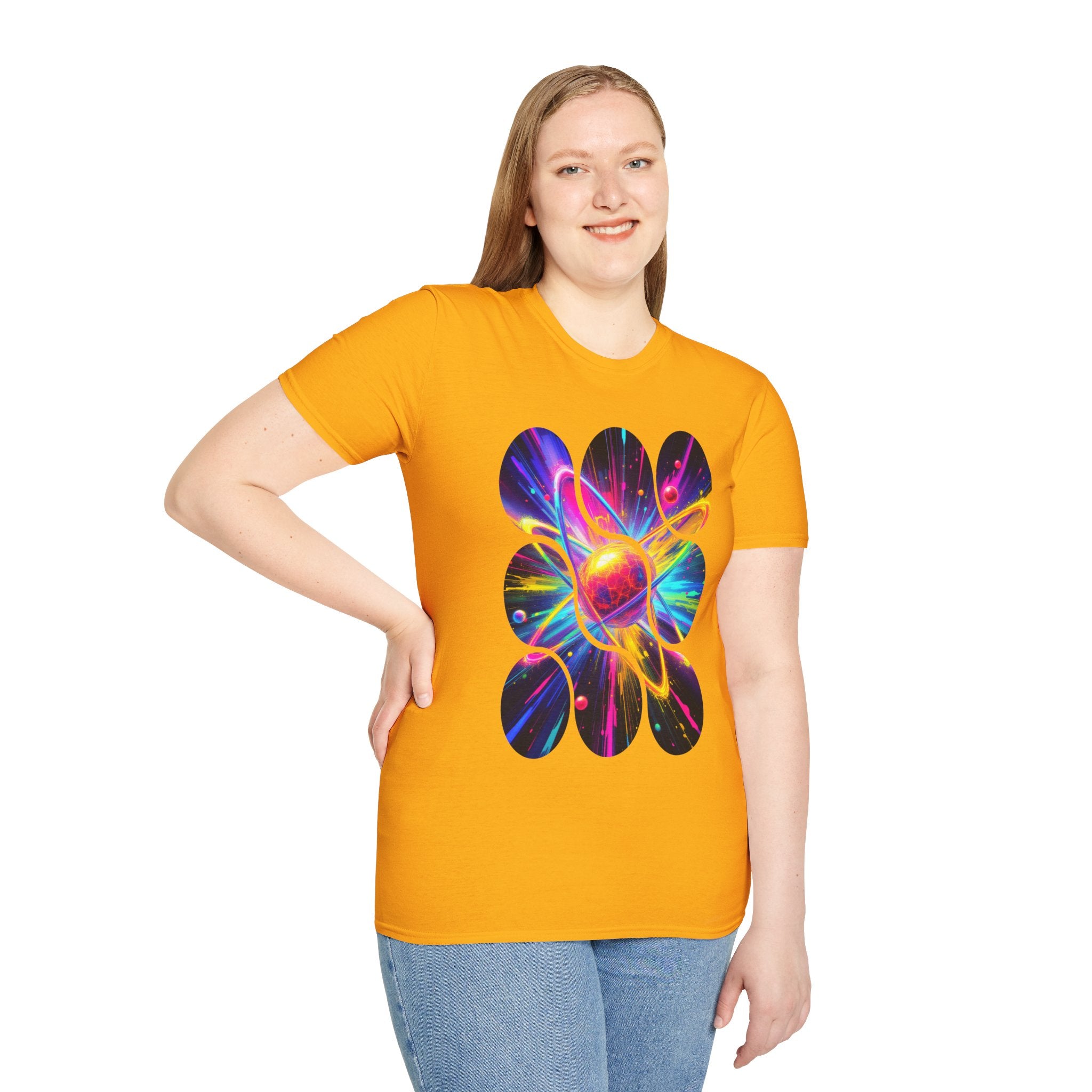 Colorful Atom Graphic T-Shirt, Unisex Casual Tee, Astronaut Art, Space Lover Gift, Festival Wear, Cosmic Vibes