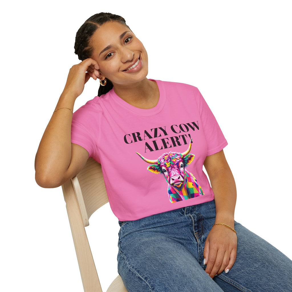Colorful Cow Alert T-Shirt, Funny Cow Tee, Animal Lover Gift, Quirky Casual Wear, Farm Animal Shirt, Unique Graphic Tee