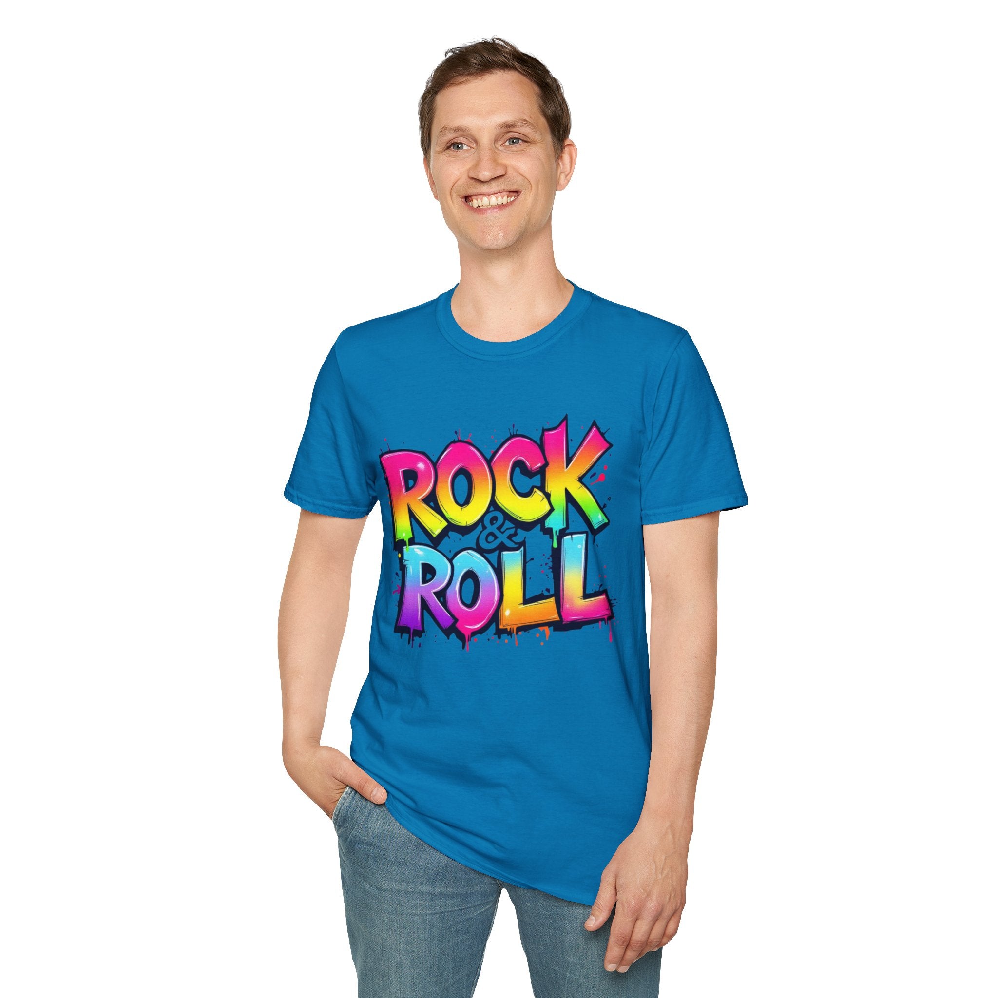 Colorful Rock & Roll Unisex Softstyle T-Shirt, Retro Tee, Music Lover Gift, Festival Wear, Rock Concert Apparel, Unisex Graphic Tee