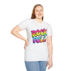 Colorful Rock & Roll Unisex Softstyle T-Shirt, Retro Tee, Music Lover Gift, Festival Wear, Rock Concert Apparel, Unisex Graphic Tee