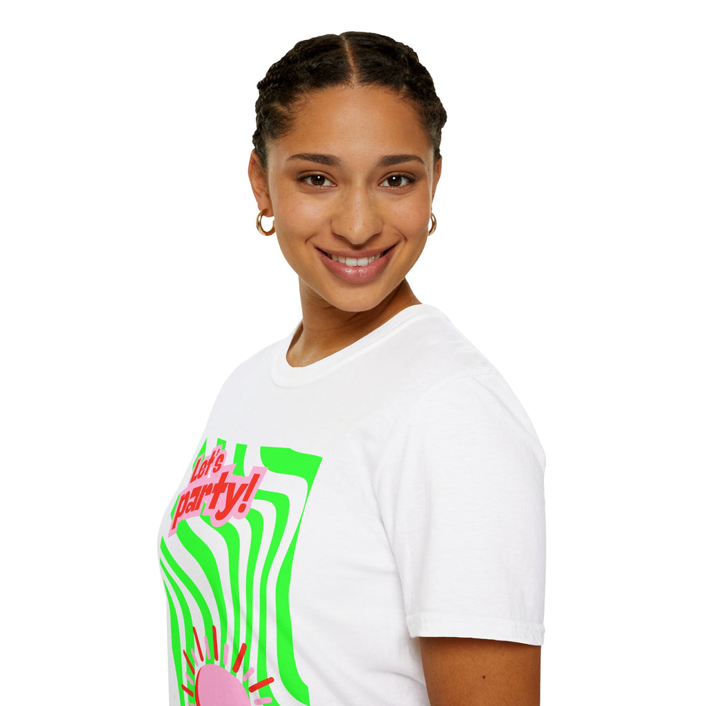 Let's Party Unisex Softstyle T-Shirt, Vibrant Summer Tee, Fun Graphic Shirt, Casual Wear, Birthday Gift, Festival Fashion
