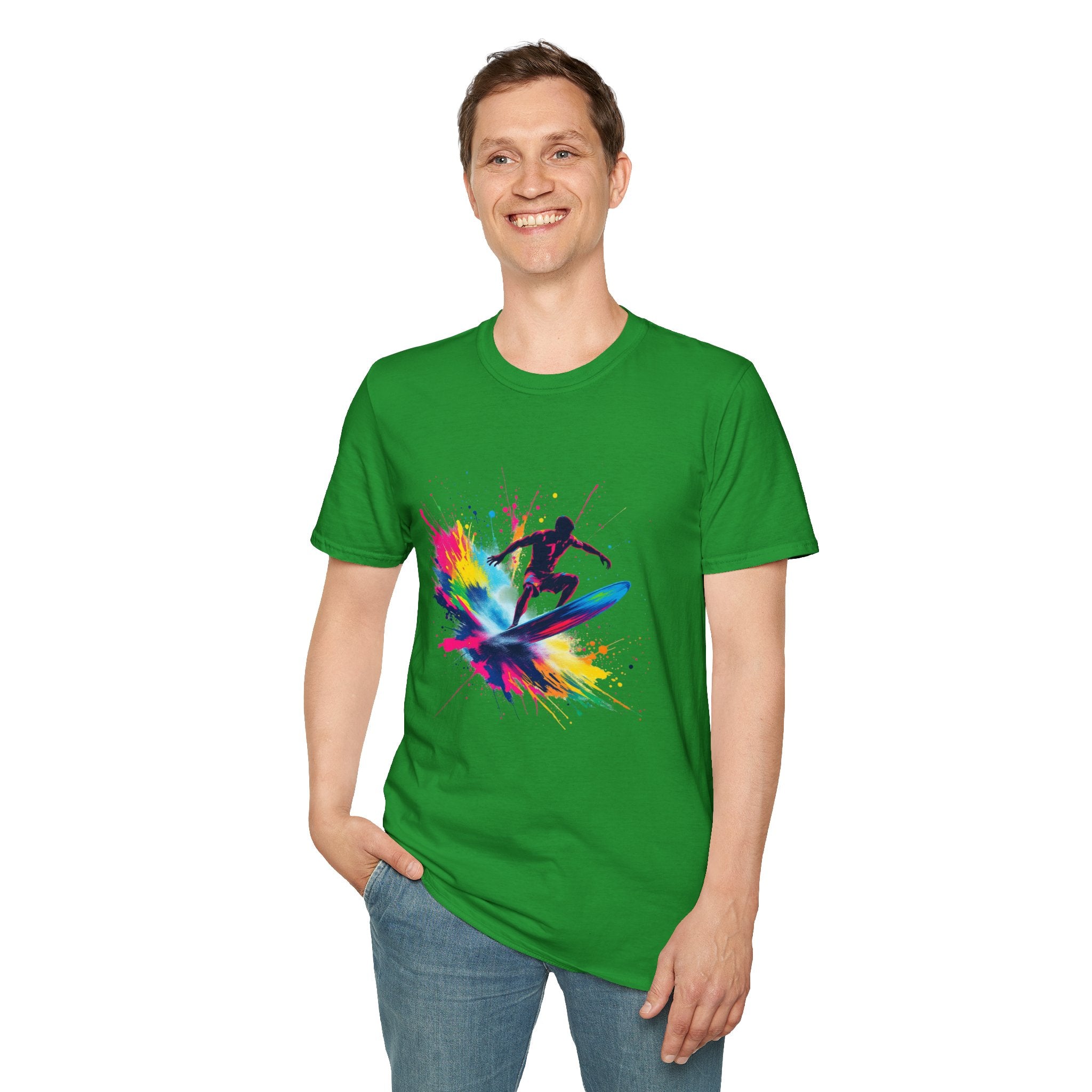 Colorful Surfing Unisex T-Shirt, Casual Beach Wear, Summer Vibes, Gift for Surfers, Beach Lovers, Graphic Tee