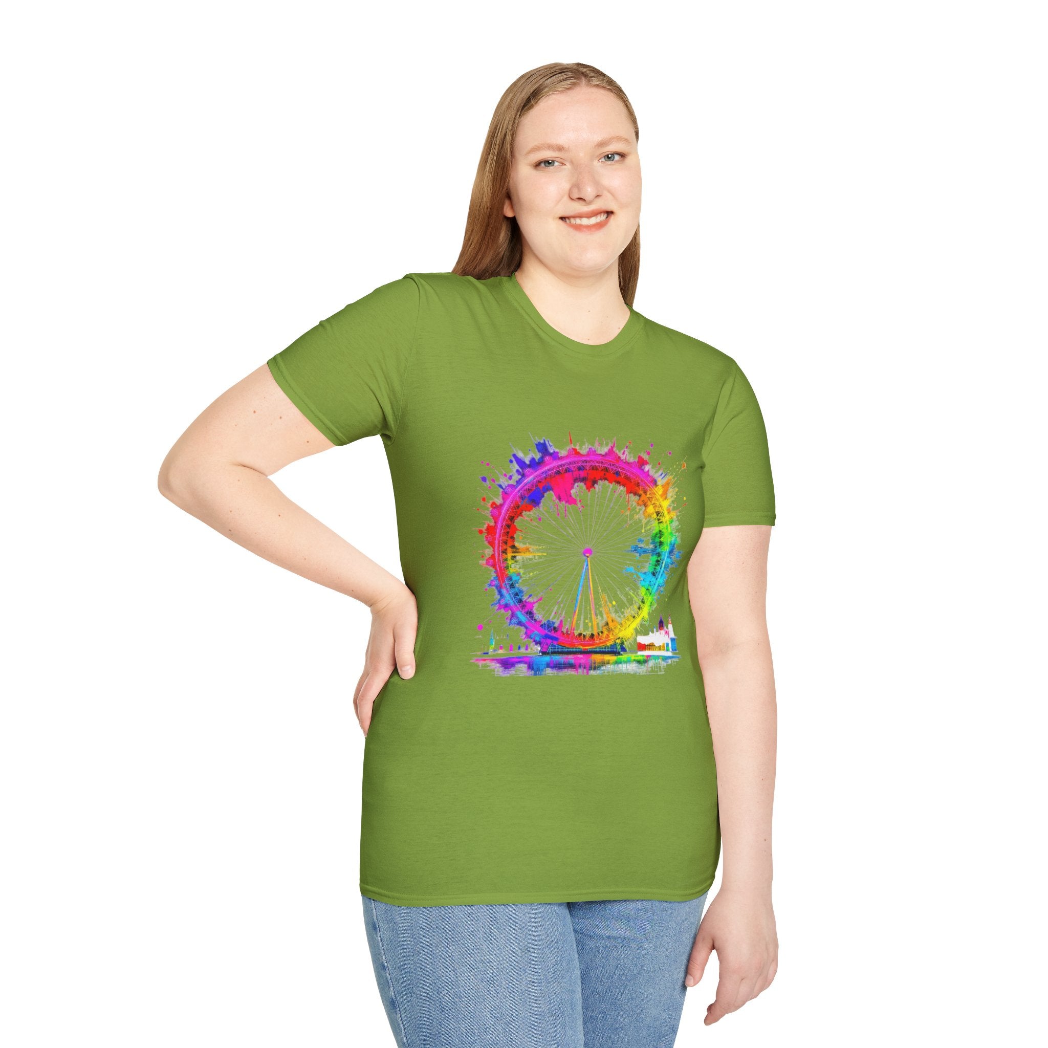 Colorful Watercolor London Eye Unisex Softstyle T-Shirt, Casual Tee, Graphic Shirt, Gift for Travel Lovers, Birthday Gift, Rainbow Art Shirt