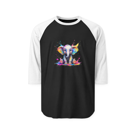 Colorful Elephant Graphic Unisex Three-Quarter Sleeve Raglan Shirt - Fun & Playful Apparel for Animal Lovers