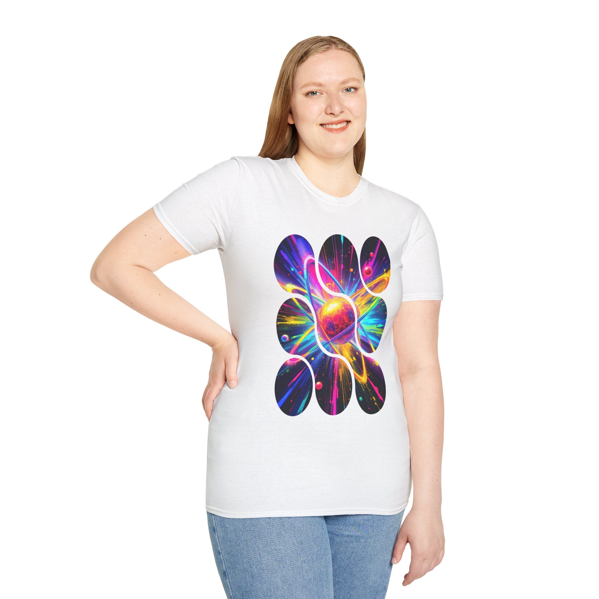 Colorful Atom Graphic T-Shirt, Unisex Casual Tee, Astronaut Art, Space Lover Gift, Festival Wear, Cosmic Vibes