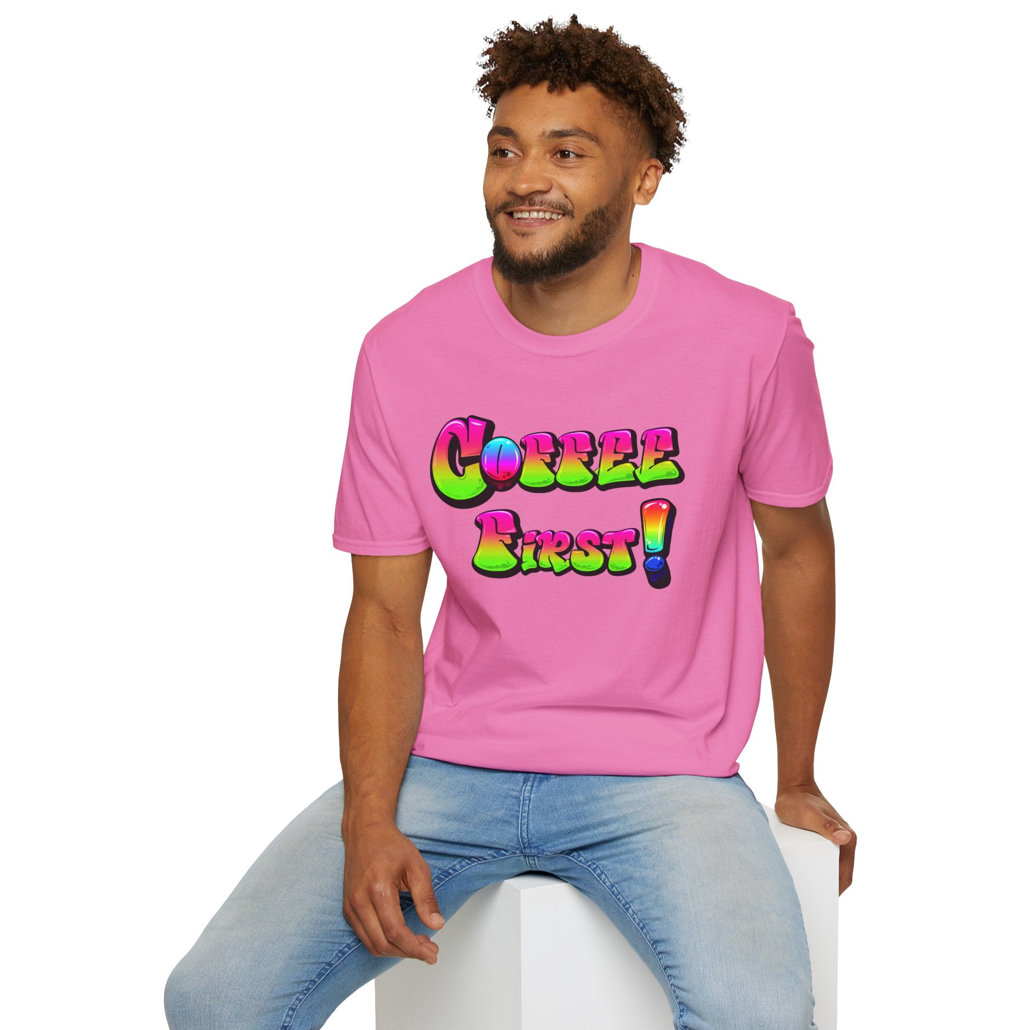 Coffee First Unisex Softstyle T-Shirt, Funny Graphic Tee, Gift for Coffee Lovers, Casual Wear, Perfect for Birthdays, Everyday Comfort