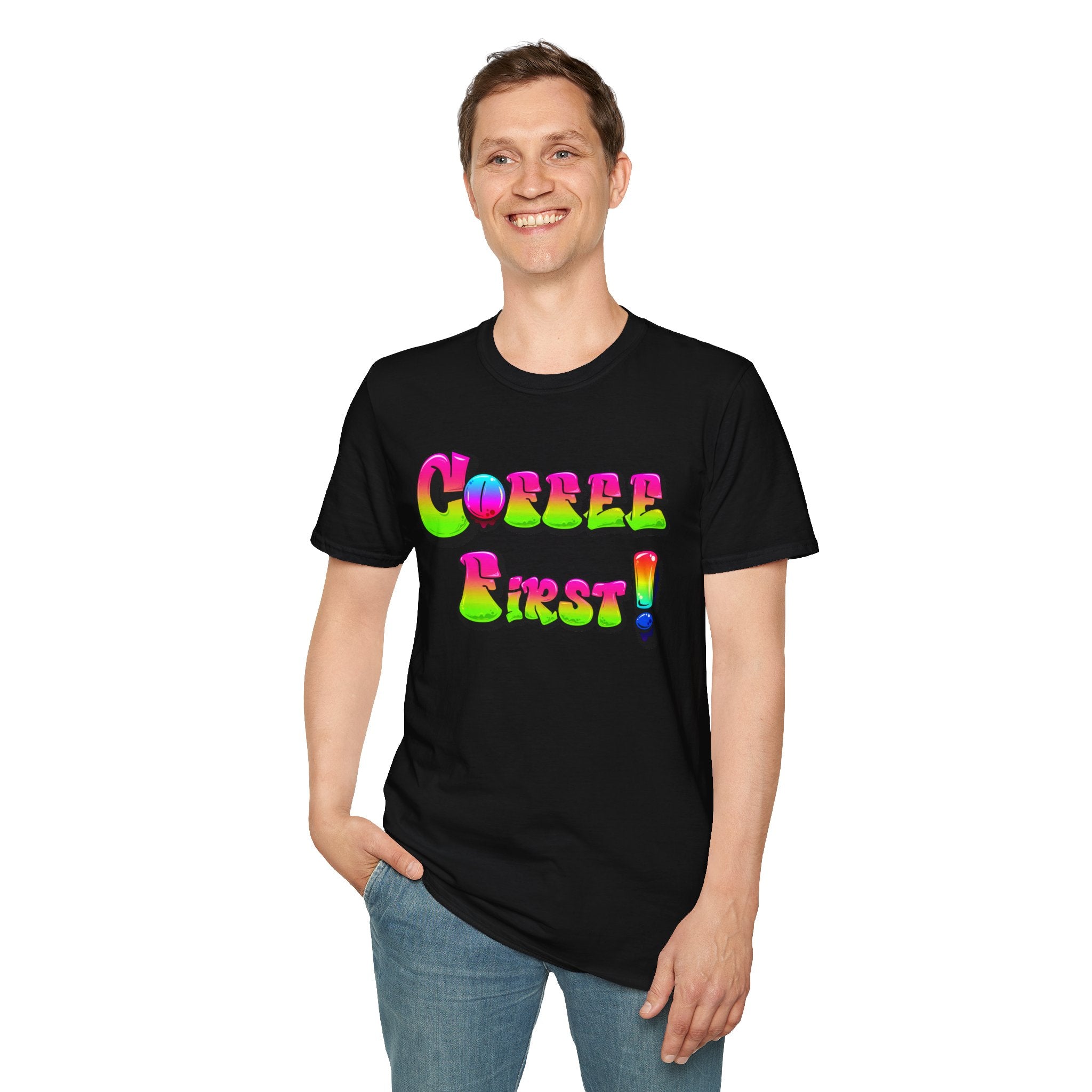 Coffee First Unisex Softstyle T-Shirt, Funny Graphic Tee, Gift for Coffee Lovers, Casual Wear, Perfect for Birthdays, Everyday Comfort