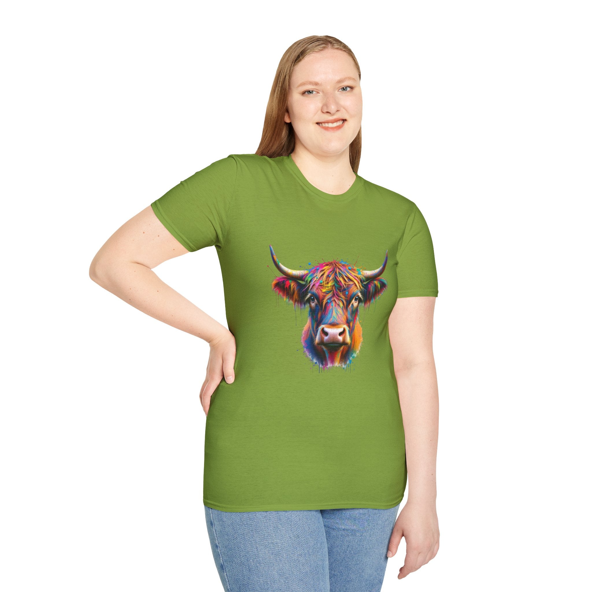 Highland Cow Graphic T-Shirt, Fun Farm Animal Tee, Cute Gift for Cow Lovers, Unisex Softstyle Shirt for Casual Wear