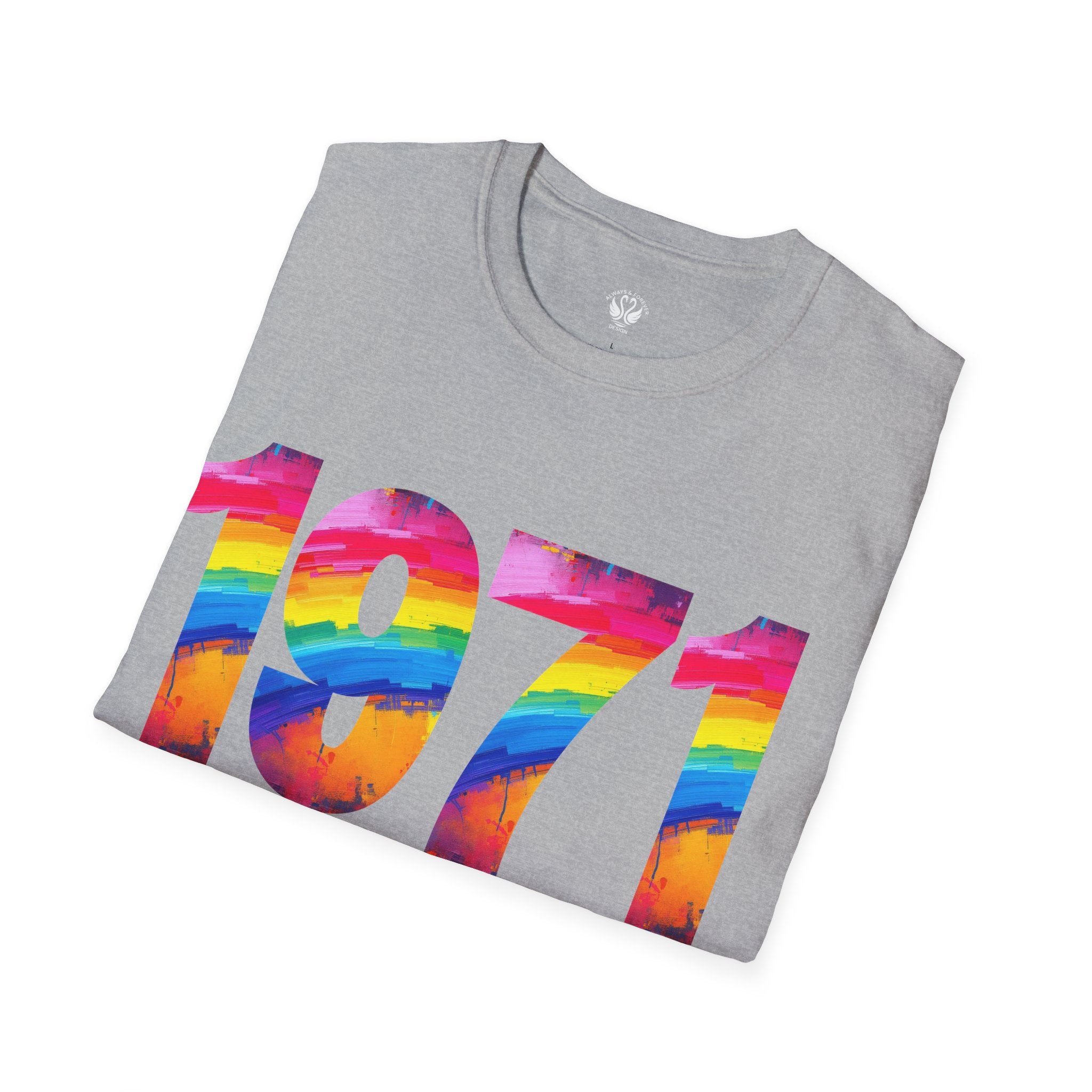 Rainbow Retro 1971 Unisex Softstyle T-Shirt | Colorful Vintage Tee for Pride, Birthdays, Casual Wear, and Everyday Style