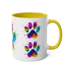 Colorful Paw Print Coffee Mug, Pet Lover Gift, Two-Tone Mug, Fun Dog Accessories, Vibrant Pet Themed Drinkware
