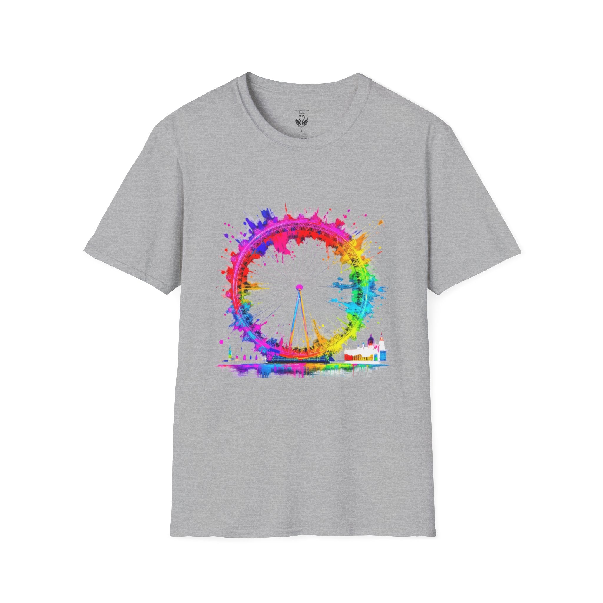Colorful Watercolor London Eye Unisex Softstyle T-Shirt, Casual Tee, Graphic Shirt, Gift for Travel Lovers, Birthday Gift, Rainbow Art Shirt