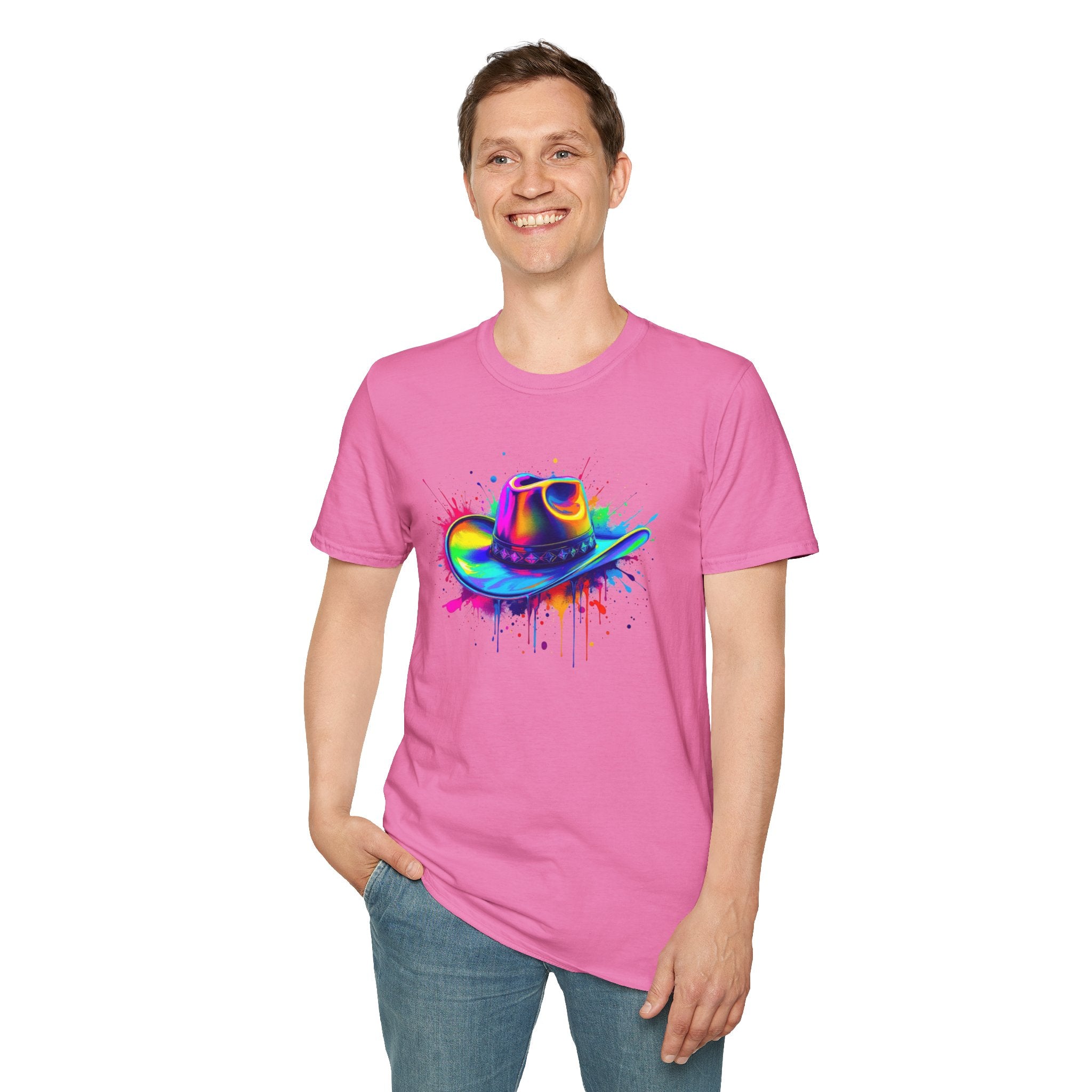 Colourful Cowboy Hat Unisex T-Shirt, Fun Graphic Tee, Festival Wear, Summer Celebration Shirt, LGBTQ Pride Apparel, Gift for Friends