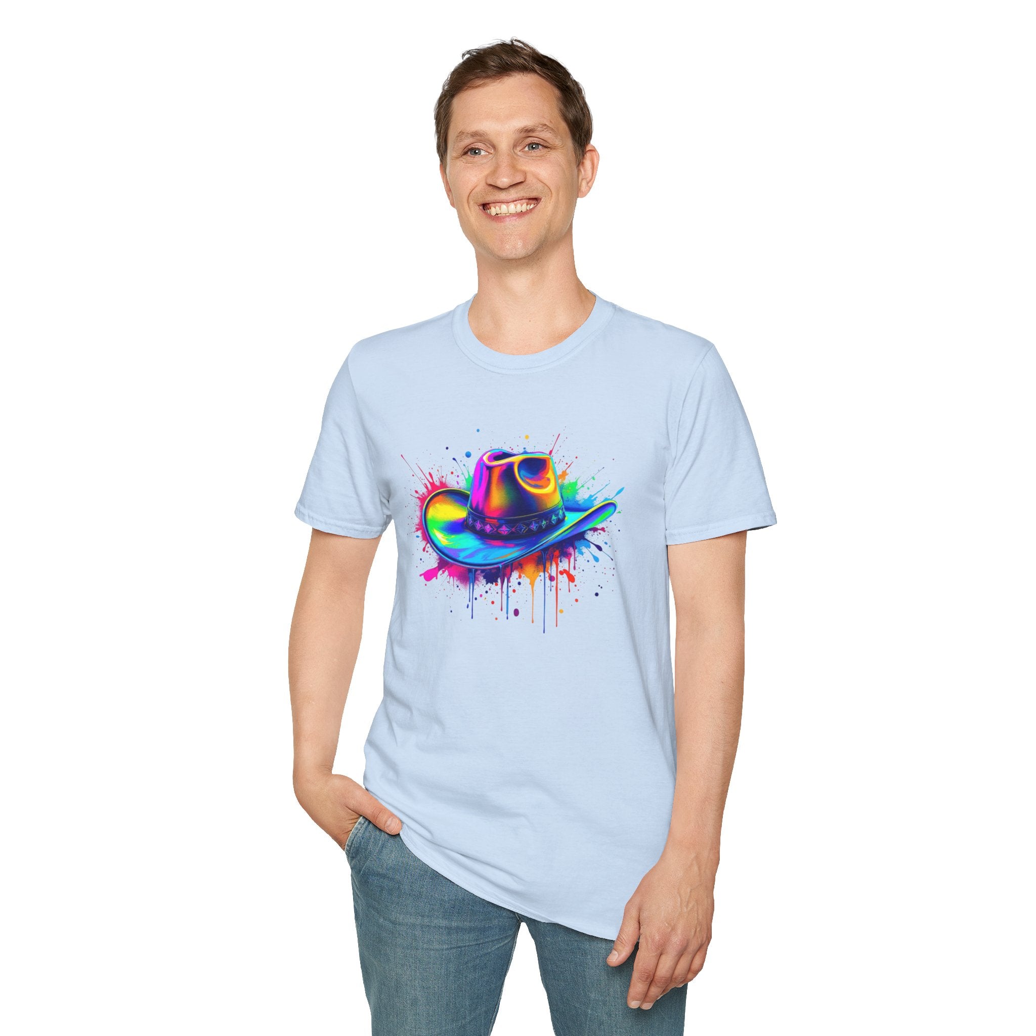 Colourful Cowboy Hat Unisex T-Shirt, Fun Graphic Tee, Festival Wear, Summer Celebration Shirt, LGBTQ Pride Apparel, Gift for Friends