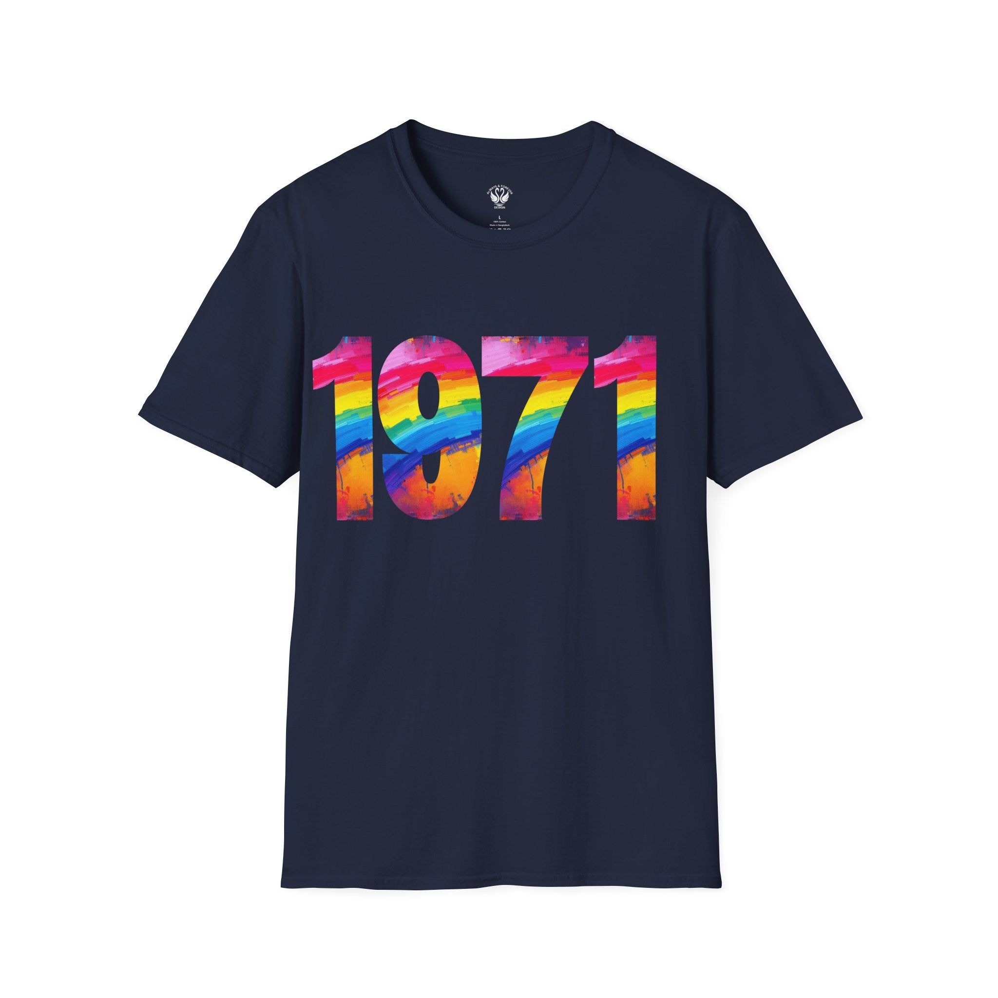 Rainbow Retro 1971 Unisex Softstyle T-Shirt | Colorful Vintage Tee for Pride, Birthdays, Casual Wear, and Everyday Style