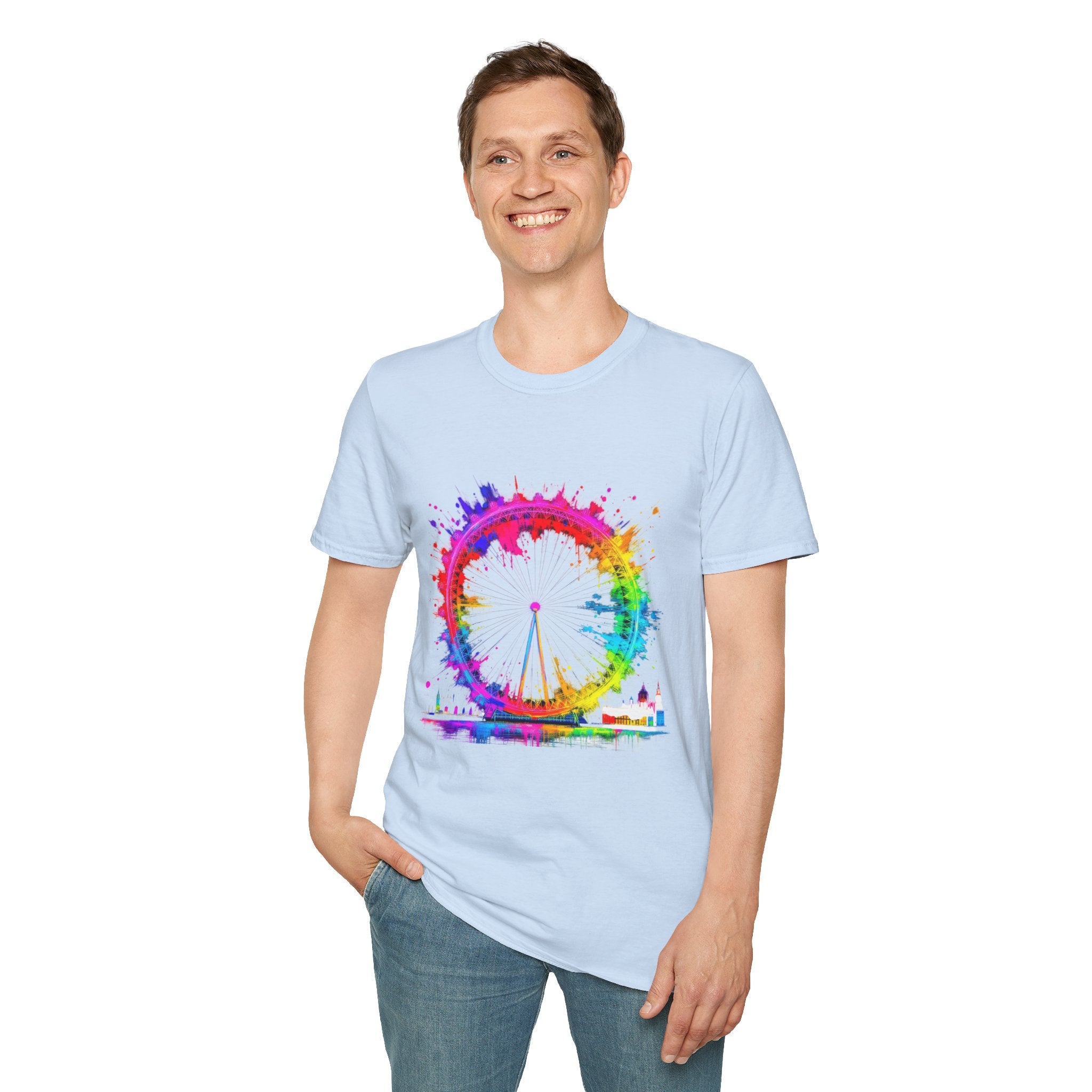 Colorful Watercolor London Eye Unisex Softstyle T-Shirt, Casual Tee, Graphic Shirt, Gift for Travel Lovers, Birthday Gift, Rainbow Art Shirt