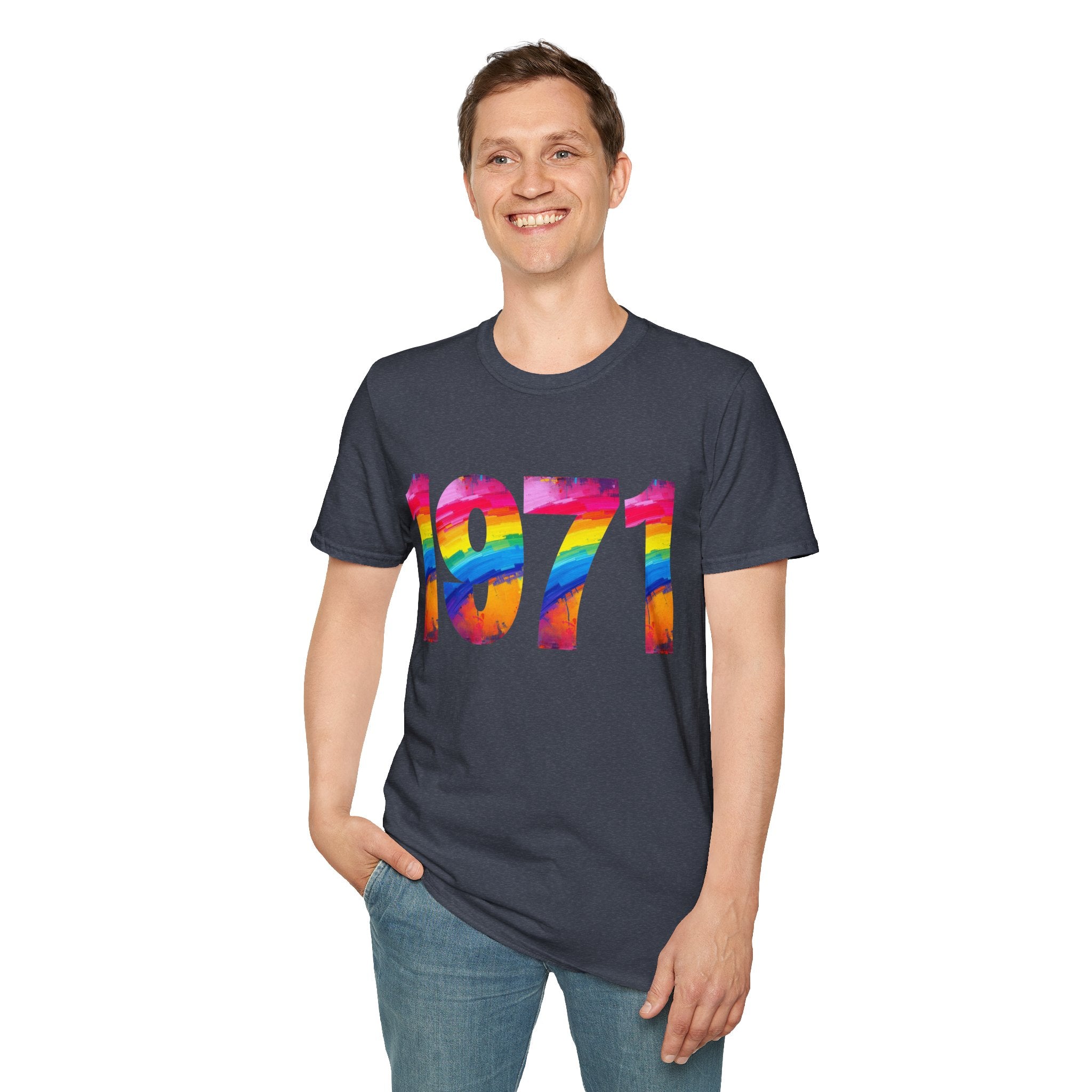 Rainbow Retro 1971 Unisex Softstyle T-Shirt | Colorful Vintage Tee for Pride, Birthdays, Casual Wear, and Everyday Style