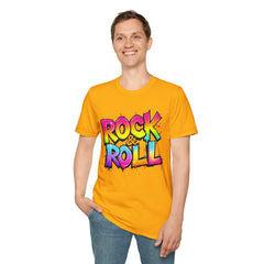 Colorful Rock & Roll Unisex Softstyle T-Shirt, Retro Tee, Music Lover Gift, Festival Wear, Rock Concert Apparel, Unisex Graphic Tee
