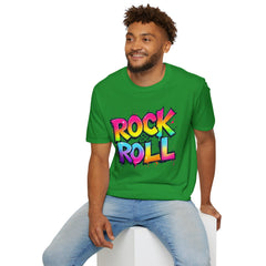 Colorful Rock & Roll Unisex Softstyle T-Shirt, Retro Tee, Music Lover Gift, Festival Wear, Rock Concert Apparel, Unisex Graphic Tee